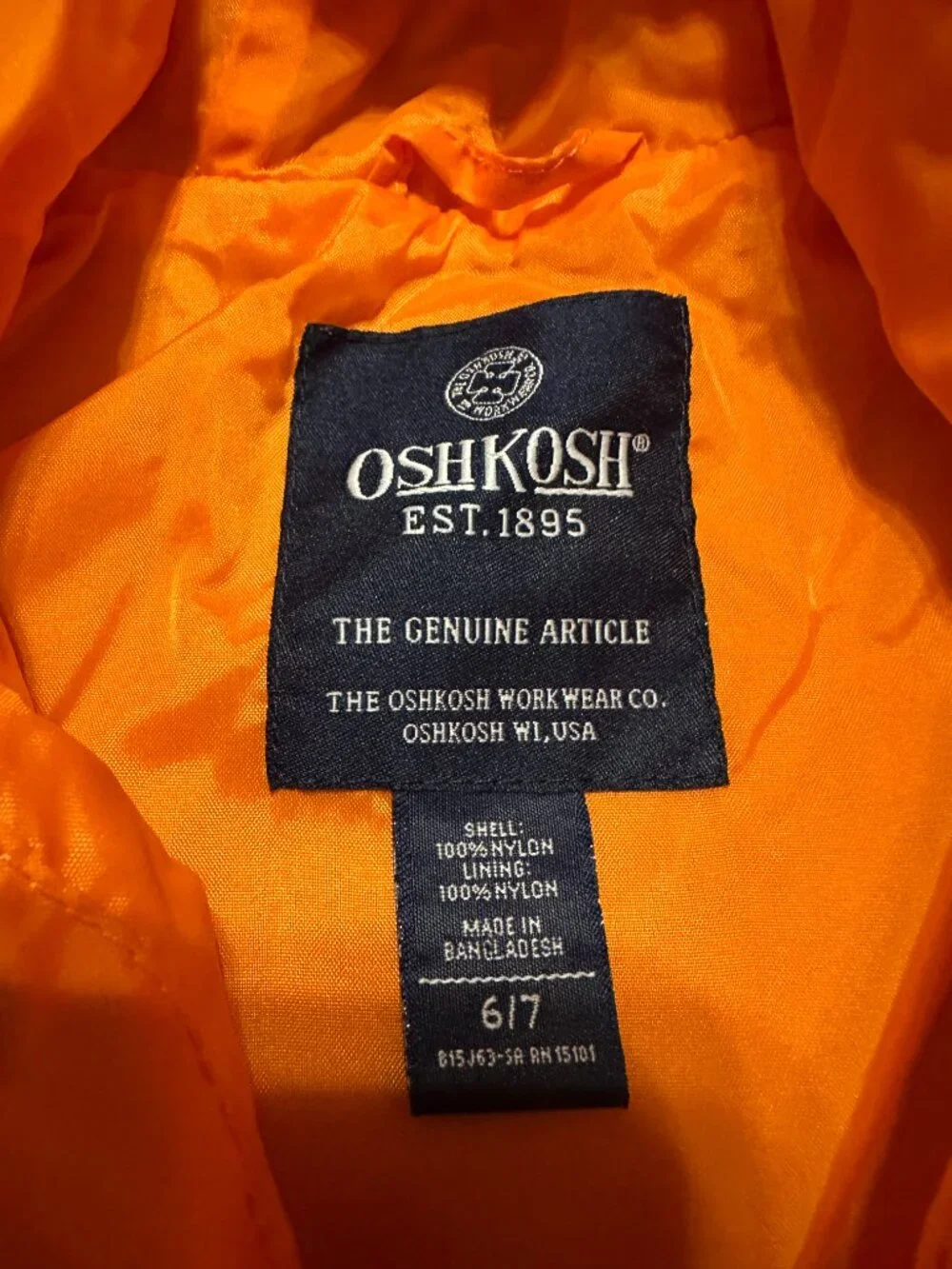 OshKosh B'gosh Boys Rain Jacket Hood Neon Orange 6 / 7